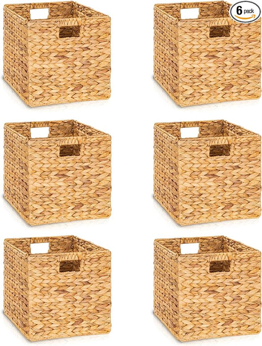 12.5x12.5in Wicker Storage Baskets, Handwoven Water Hyacinth Foldable Cube Bins for 13.5" × 13.5" and Larger Cube Shelves, Set of 6 (Natural)