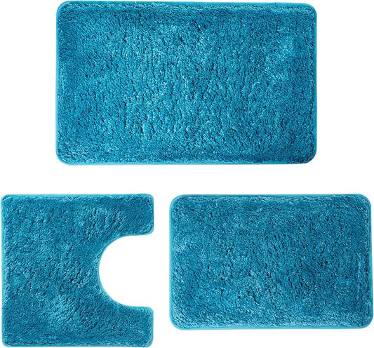 3 Pieces Luxury Bathroom Rug Set with U-Shaped Toilet Rug, Non-Slip Rubber Bottom, Thick Microfiber Fluffy Plush, Water Absorption, Quick Dry, Ultra Soft, Bath Mats for Bathroom, Tub(Turquoise)