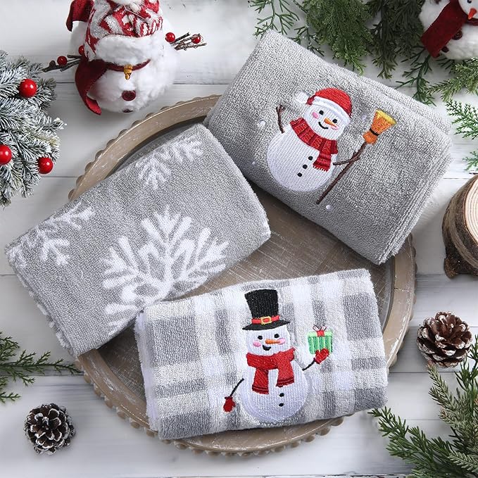 3 Pcs Winter Hand Towels for Bathroom Snowflake Snowman Embroidered Bathroom Towels Farmhouse Decorative 13.78 x 29.53 Inch Absorbent Soft Cotton for Kitchen Dish Fast Drying Decor