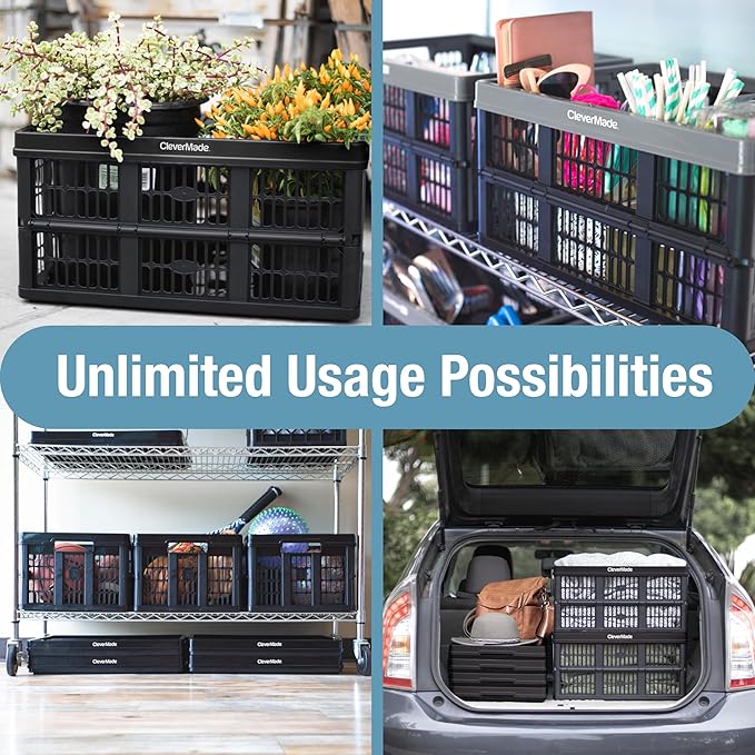 CleverMade Collapsible Utility Crates - Stone 3 Pack 45L / 11 Gal Holds 66 lbs - Stackable Containers Heavy Duty Capacity Crates-Space-Saving Baskets