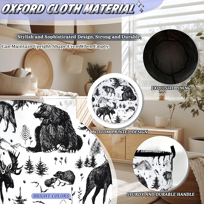 Bear Forest Deer Laundry Basket Foldable Black White Animal Laundry Hamper With Handle Oxford Cloth Portable Clothes Storage Basket Laundry Bag 18.9"x16.5" For Laundry Room/Bedroom/Bathrooms