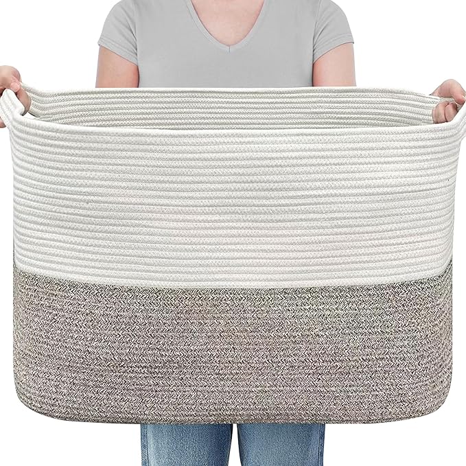 XXXXL Rope Basket for Blankets, 25" x 16" x 16"(108L) Rectangle Blanket Basket Living Room, Extra Large Wicker Woven Blanket Pillow Storage Basket, Kids Dog Toy Basket Storage Bins Organizer