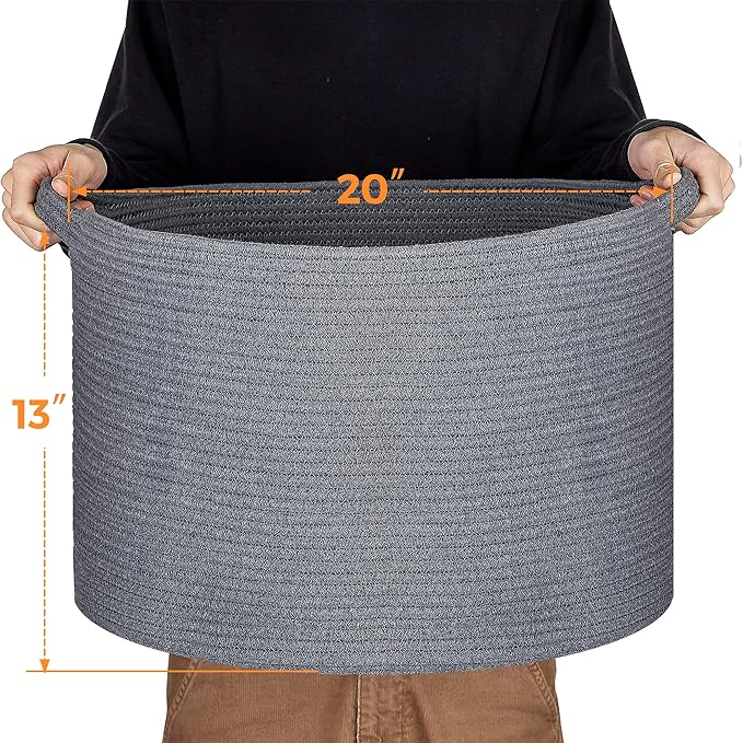 Blanket Basket - 20"x 20"x 13" Cotton Rope Basket for Living Room, Baby Toy Storage Basket, Large Woven Laundry Basket (Gray)