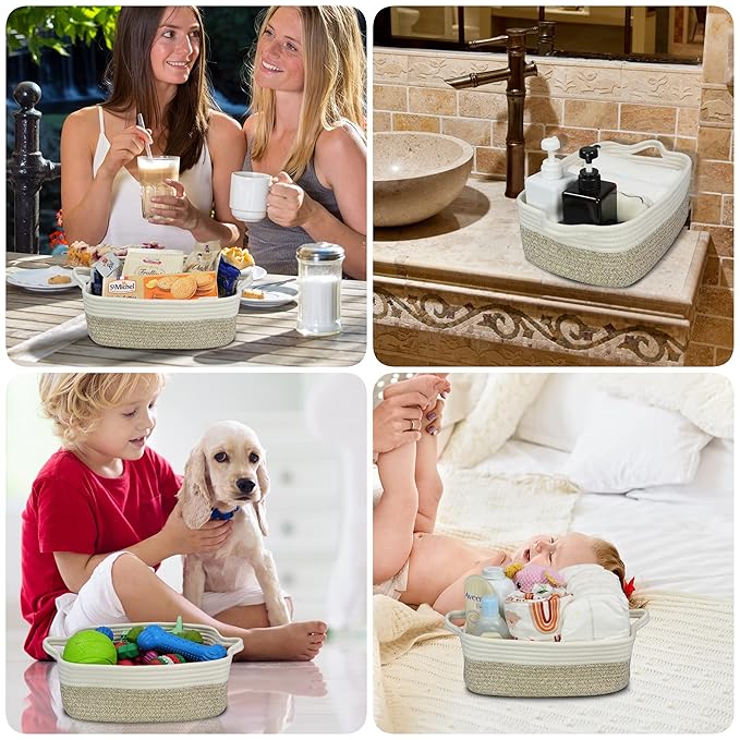 Woven Cotton Rope Storage Basket with Handles for Organizing Shelves Closet Small Cat Dog Pet Toy Baskets Box Bin Decorative Rectangle Baby Nursery Basket Gift Basket Empty