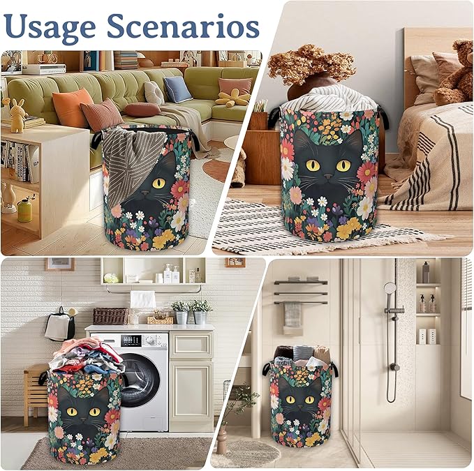 Cute Funny Black Cat Laundry Basket,Oxford Cloth Flower Laundry Hamper With Handle Foldable Portable Clothes Storage Basket for Laundry Room/Bedroom/Bathroom 20.8"x16"