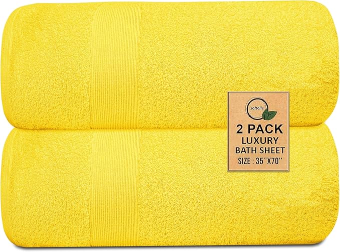 100% Cotton Luxury Bath Sheets - Pack of 2 (35" x 70") | Super Soft, Quick-Dry & Highly Absorbent Towels for Bathroom, Home, Spa & Gym (Yellow)