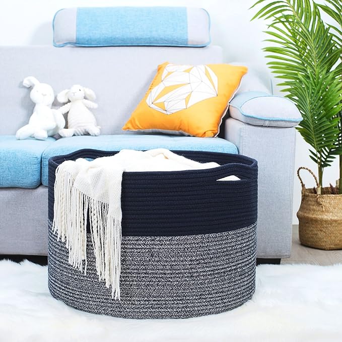 MINTWOOD Design Extra Large 22 x 14 Inches Blanket Storage Basket, Laundry Basket, Decorative Woven Cotton Rope Baskets for Blanket Storage Living Room, Dog Toy Storage Basket Bin, Navy Blue