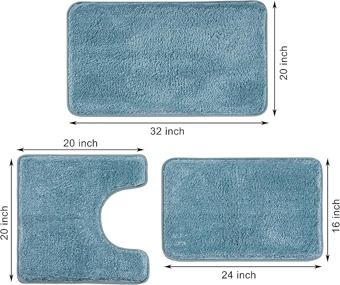 3 Pieces Luxury Bathroom Rug Set with U-Shaped Toilet Rug, Non-Slip Rubber Bottom, Thick Microfiber Fluffy Plush, Water absorption, Quick Dry, Ultra Soft, Bath Mats for Bathroom, Tub(Lake Blue)
