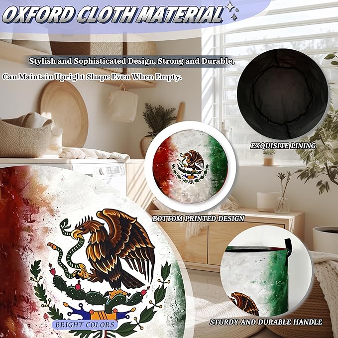 Vintage Mexican Flag Laundry Basket Oxford Cloth Foldable Mexico Laundry Hamper With Handle Portable Clothes Storage Organizer Basket 18.9 x 16.5 Inch Laundry Bag For Laundry Room/Bedroom/Bathroom