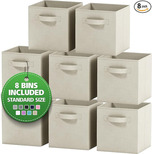 Set of 8 Foldable Fabric Storage Cube Bins | Collapsible Cloth Organizer Baskets Containers | Folding Nursery Closet Drawer | Features Dual Handles | More Beautiful Colors Available (Off White)