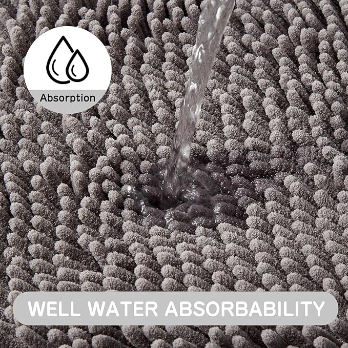 Gray Chenille Bathroom Rug 17"x24" Inch - Non Slip Absorbent Bath Mat for Shower, Quick Dry Machine Washable Floor Mats, Soft Plush