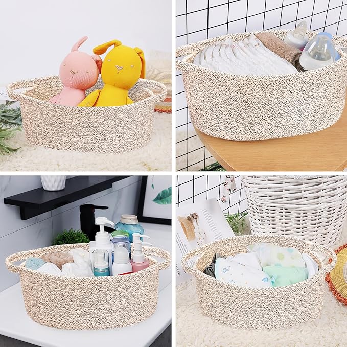 ABenkle Small Woven Basket 12"x 8"x 5" - Rope Room Shelf Storage, Cat Dog Toys Chest Box, Decorative Empty Gift With Handles - All Mixed Brown