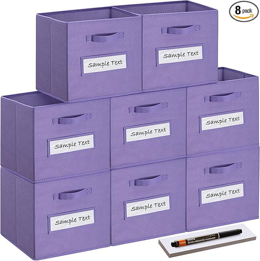 artsdi 13x13x13 storage cube bins(Set of 8) Fabric storage cubes with 8 Labels Window Cards & a Pen, storage cubes 13x13, Collapsible 13 inch cube storage bins, Cubby Organizer Boxes, Purple