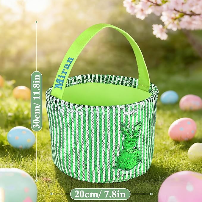Personalized Easter Basket for Kids, Boys & Girls – Ideal for Egg Hunting & Easter Gift Storage (Green Sequin Bunny Basket)