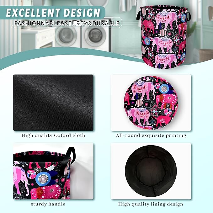 Pink Mandala Elephants Laundry Basket Foldable With Handles Boho Tote Bag Waterproof Oxford Cloth Colorful Laundry Hamper 18.9"x1 6.5 "Clothe Storage Bucket Toy Organizer For Bathroom/Laundry/Bedroom