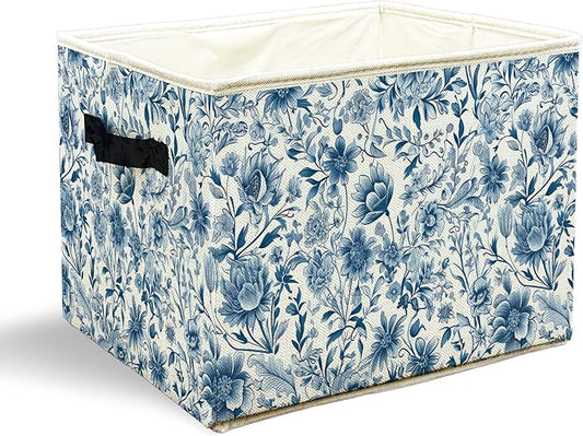 Chinoiserie Blue Floral Storage Bins with Handles, Retro Blue and White Wildflower Botanical Collapsible Laundry Basket Storage Box for Home Bedroom Bathroom Clothes Toys Books