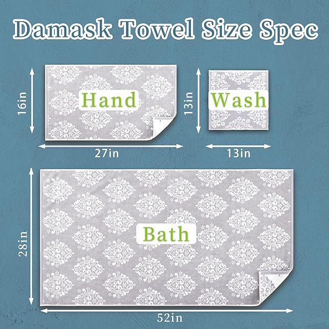 Grey Pattern Bath Towels, 4PC 28"x 52" - 100% Cotton | Lightweight | Absorbent, Quick Dry Bath Towel, Grey Decorative Bath Towels for Bathroom, Damask Jacquard Shower Towel Gift Set, Gray and White