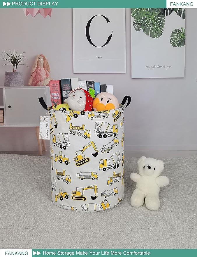 FANKANG Storage Basket, Nursery Hamper Canvas Laundry Basket Foldable with Waterproof PE Coating Large Storage Baskets for Kids Boys and Girls, Office, Bedroom, Clothes,Toys（excavator）