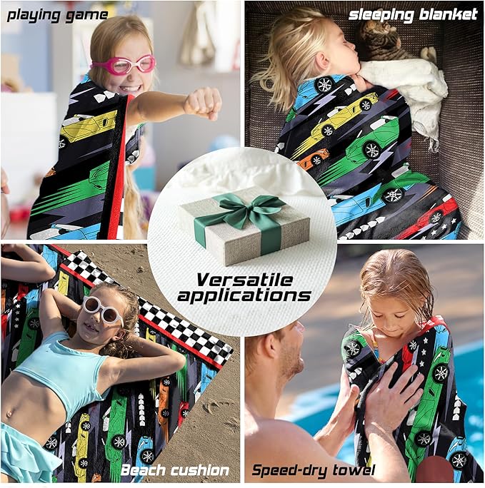 Hooded Towels for Kids -Toddler Beach Towel- Super Absorbent & Quick Dry 100% Cotton 30x50 Inch - to Kid Ages 3-10-Racing Car Swim Towels