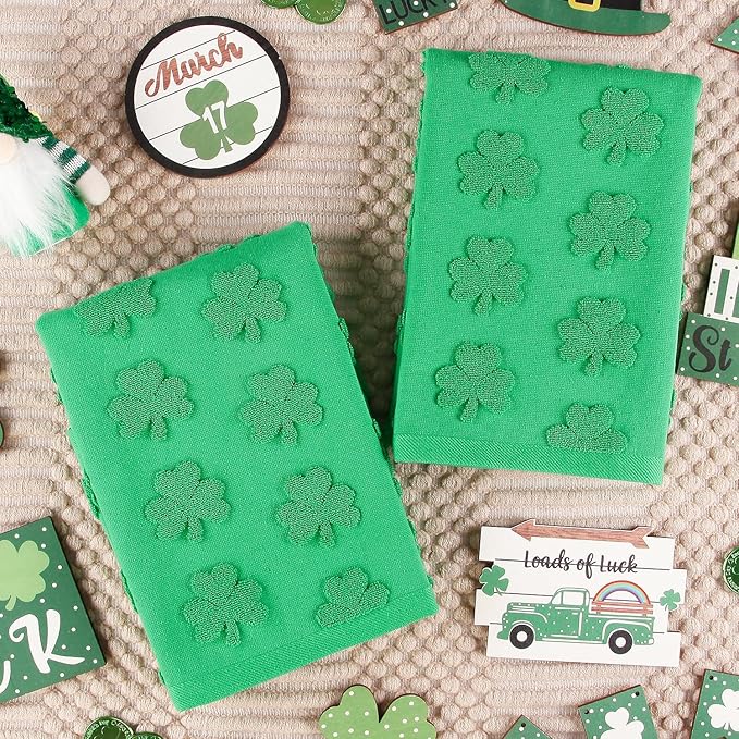 2 Pack St. Patrick's Day Hand Towels Spring Green Clover Shamrocks 100% Cotton Soft Absorbent Decorative Bathroom Towels Set for Bath Kitchen Bar Gift, 13.7'' x 29.5''