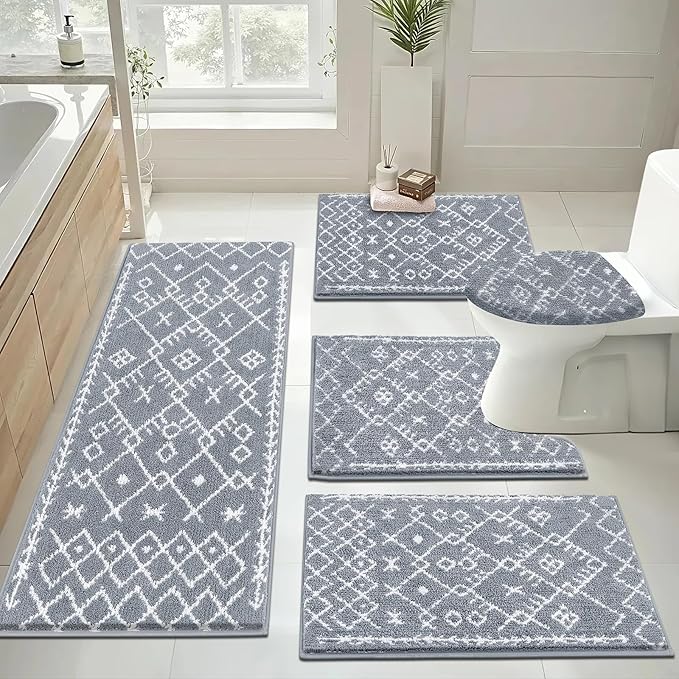 HEBE Bathroom Rugs Sets 5 Piece, Soft Absorbent Microfiber Bath Mat for Bathroom, Non Slip Washable Bath Rug Set with Toilet Cover, Bath Runner and U-Shaped Contour Toilet Rug, Light Grey