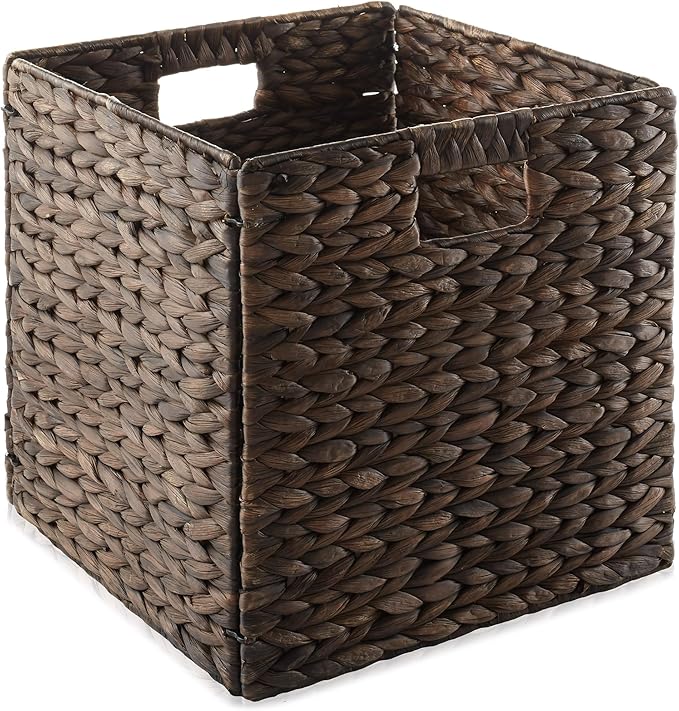Casafield 13" x 13" Water Hyacinth Storage Baskets, Espresso - Set of 6 Collapsible Cube Organizers, Woven Bins for Bathroom, Bedroom, Laundry, Pantry, Shelves