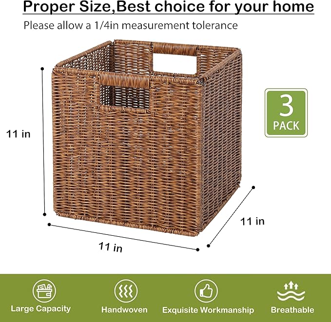 11X11X11in Brown Plastic Wicker Storage Basket, Foldable Cube Woven Storage Basket for Shelves, 11x11 Cube Storage Bins Set of 3, Wicker Storage Baskets for Laundry Nursery Room