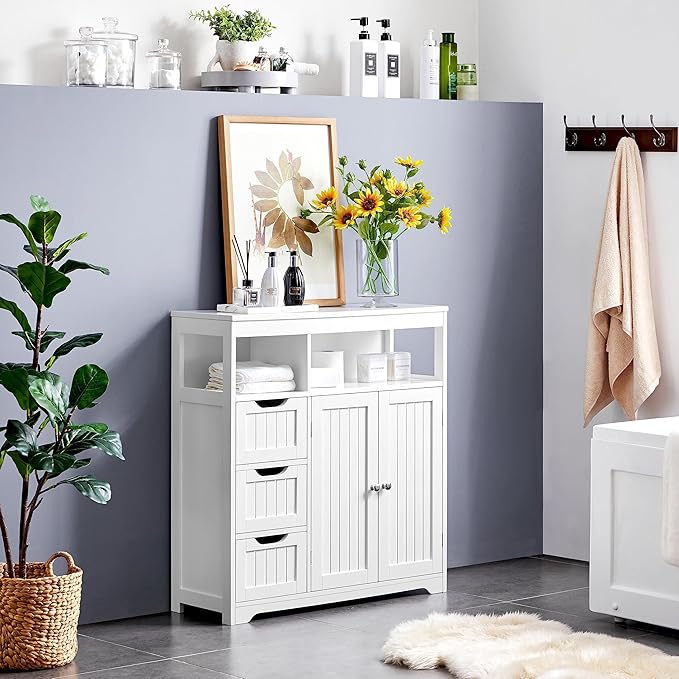 Yaheetech Bathroom Floor Cabinet, Wooden Storage Organizer with 3 Drawers and 2 Open Shelves, Freestanding Storage Cabinet with a Large Bottom Cabinet for Bathroom, Living Room, Kitchen, White