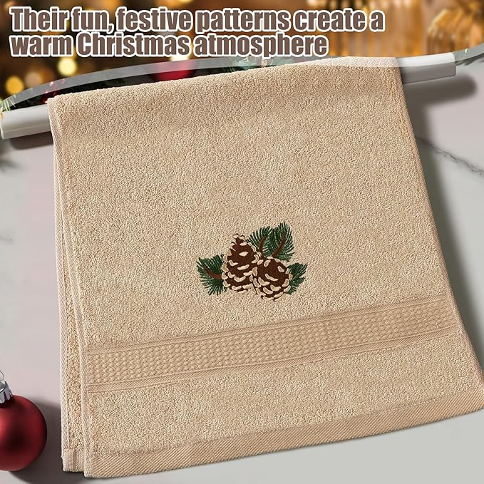 3 Pcs Rustic Pine Cone Hand Towels for Bathroom Christmas Decor, Pinecones Branch Embroidered Decorative Towels for Bathroom Kitchen Holiday Decor, 100% Cotton, 13.3 x 29.5''
