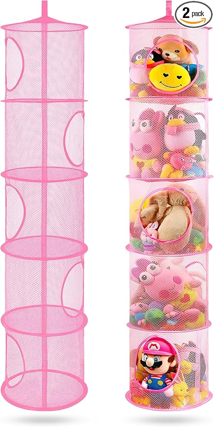 coastal rose 2Pcs Stuffed Animal Storage Foldable Stuffed Animal Net or Hammock Organizer, 5 Compartments Hanging Mesh Toy Storage Hammock for Kid Room Toys, Gloves, Hats, Socks（Pink）