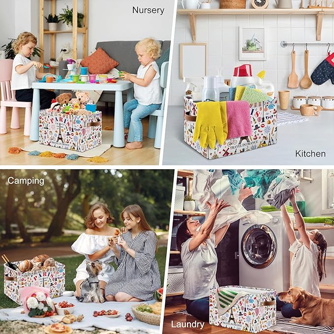 Paris Themed Storage Basket - Eiffel Tower Print Collapsible Bin with Handles - Eiffel Tower Toy Bins - Eiffel Tower Pattern Storages Bin for Kids Clothes, Gifts, Books