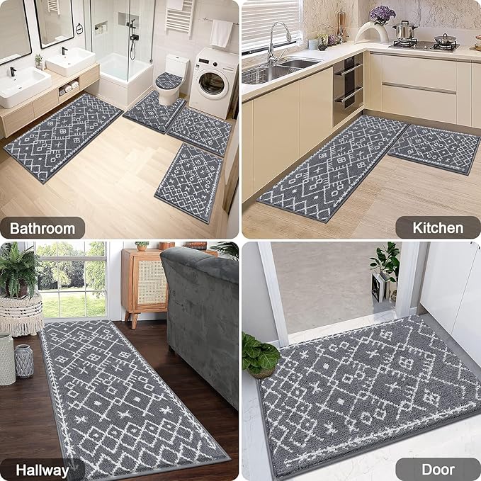 HEBE Bathroom Rugs Sets 5 Piece, Soft Absorbent Microfiber Bath Mat for Bathroom, Non Slip Washable Bath Rug Set with Toilet Cover, Bath Runner and U-Shaped Contour Toilet Rug, Dark Grey