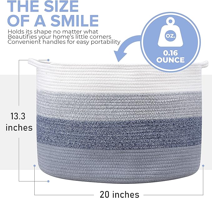 Cotton Rope Basket - Large Decorative Woven Storage Blanket Basket Bin with Handles for Organizing Baby Nursery, Dog Toy, Stuffed Animal or Laundry