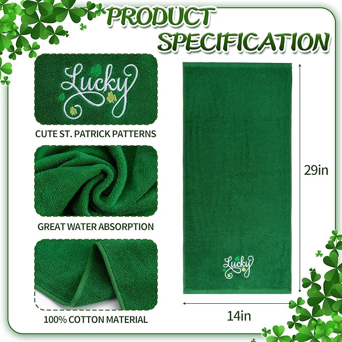 3 Pcs St. Patrick's Day Hand Towels Embroidered Decorative Lucky Shamrock 100% Cotton Bath Towel for Bathroom Home Kitchen Decor Housewarming Gifts 13.4" x 29.5"