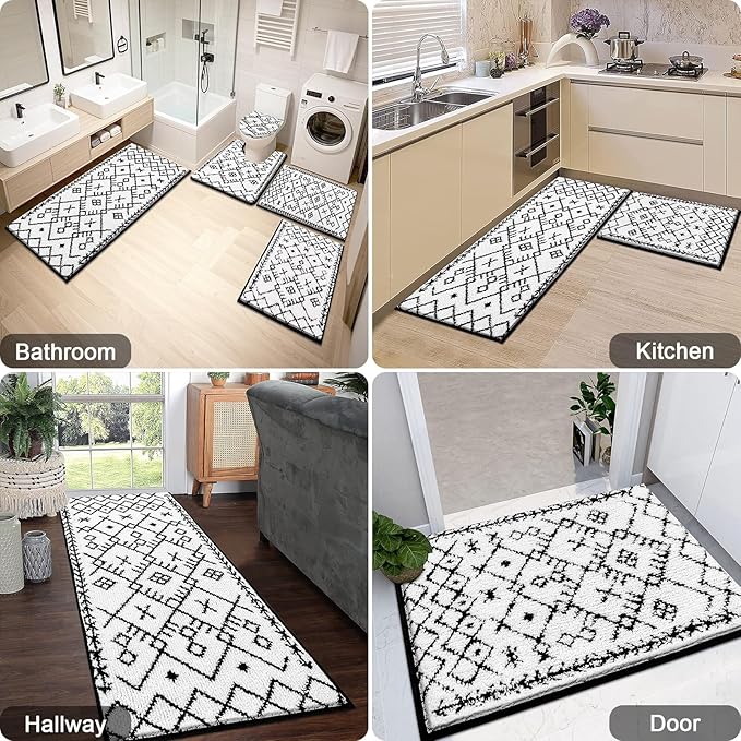 HEBE Bathroom Rug Sets 5 Piece, Soft Absorbent Bath Mats for Bathroom, Non Slip Machine Washable Bath Rugs Set with U Shaped Contour Toilet Rugs, Bath Runner and Toilet Lid Cover, White/Black