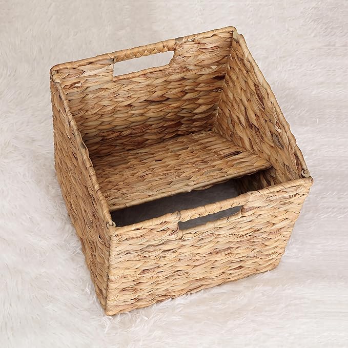 11x11x11in Water Hyacinth Storage Baskets, 11 Inch Cube Storage Bins, Woven Baskets for Storage, Wicker Storage Basket for Shelves Set of 3