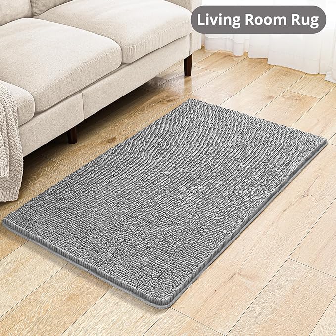 Gray Bathroom Rugs 30"x50" - Large Plush Chenille Non-Slip Runner Bath Mat - Absorbent, Washable, Soft Decor for Shower, Sink, Tub, Floor, Home Accessories