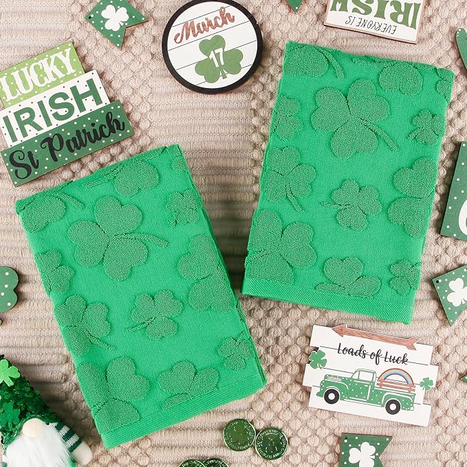 2 Pack St. Patrick's Day Hand Towels Kitchen Dish Towels Spring Green Clover Shamrocks Melody 100% Cotton Decorative Bathroom Towels Set Soft and Quick Drying, 13.7'' x 29.5''