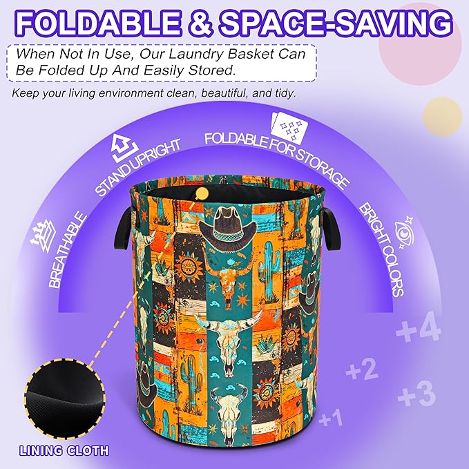 Western Cattle Skull Laundry Basket Cow Oxford Cloth Laundry Hamper Funny With Handle Foldable Portable Clothes Storage Basket 18.9 X 16.5 Storage Bag For Laundry Room/Bathroom/Bedroom/Dormitories
