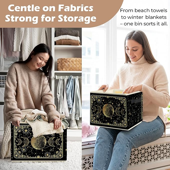 Mystical Witchy Moon Phase Storage Bin Box with Handles, Black and Gold Celestial Astrology Foldable Linen Fabric Laundry Basket for Home Bedroom Bathroom Clothes Toys Books