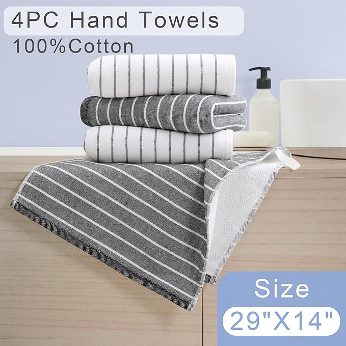 4-Pack Premium Cotton Hand Towels with Hanging Loops, 13x28 Inch – Ultra-Absorbent 450GSM Hand Towels for Bathroom, Soft Quick-Dry Face & Hand Towel Set, Durable Black & White Stripe Design