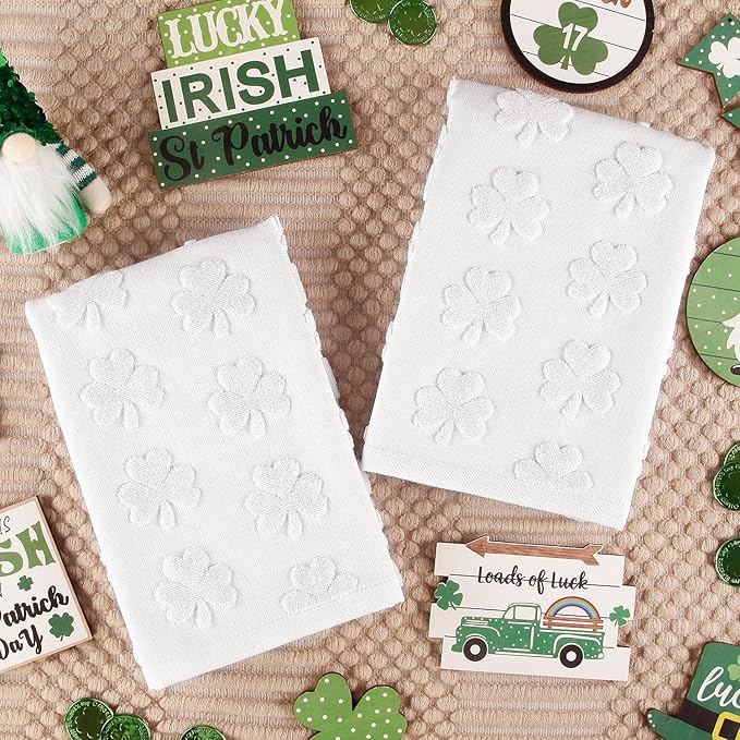 2 Pack St. Patrick's Day Hand Towels Kitchen Dish Towels White Clover Shamrocks 100% Cotton Soft Absorbent Decorative Bathroom Towels Set for Drying, Cleaning, Cooking, 13.7'' x 29.5''