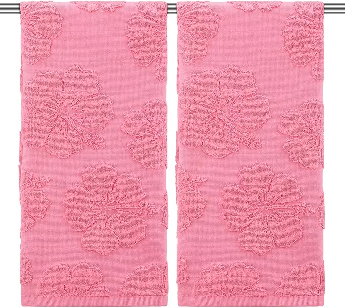 2 Pcs Floral Hibiscus Hand Towels for Bathroom Pink Hibiscus 100% Cotton Jacquard Weave Bath Towel Set Soft Absorbent Dish Washcloth for Bathroom Kitchen Summer Theme Gifts 13.8 x 29.5