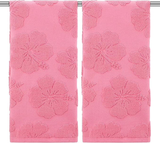2 Pcs Floral Hibiscus Hand Towels for Bathroom Pink Hibiscus 100% Cotton Jacquard Weave Bath Towel Set Soft Absorbent Dish Washcloth for Bathroom Kitchen Summer Theme Gifts 13.8 x 29.5