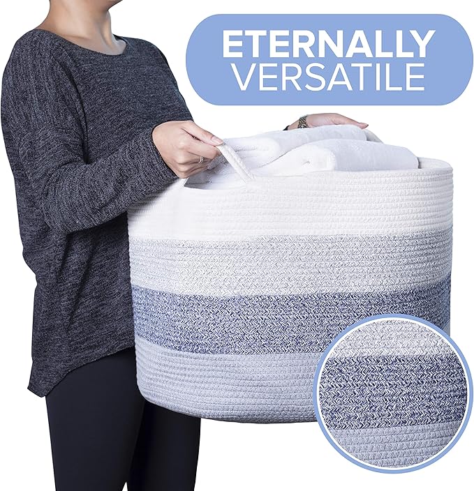 Cotton Rope Basket - Large Decorative Woven Storage Blanket Basket Bin with Handles for Organizing Baby Nursery, Dog Toy, Stuffed Animal or Laundry