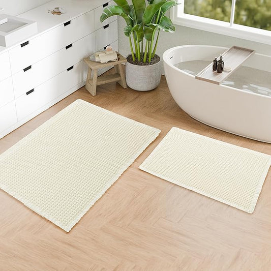 Hiasan Set of 2 Waffle Bath Mat, Super Absorbent Non Slip Bathroom Boho Rug with Tassels, Machine Washable Bath Mats for Bathroom, Ultra Soft Rubber Backed Rug, White, 16" x 24" + 20" x 32"