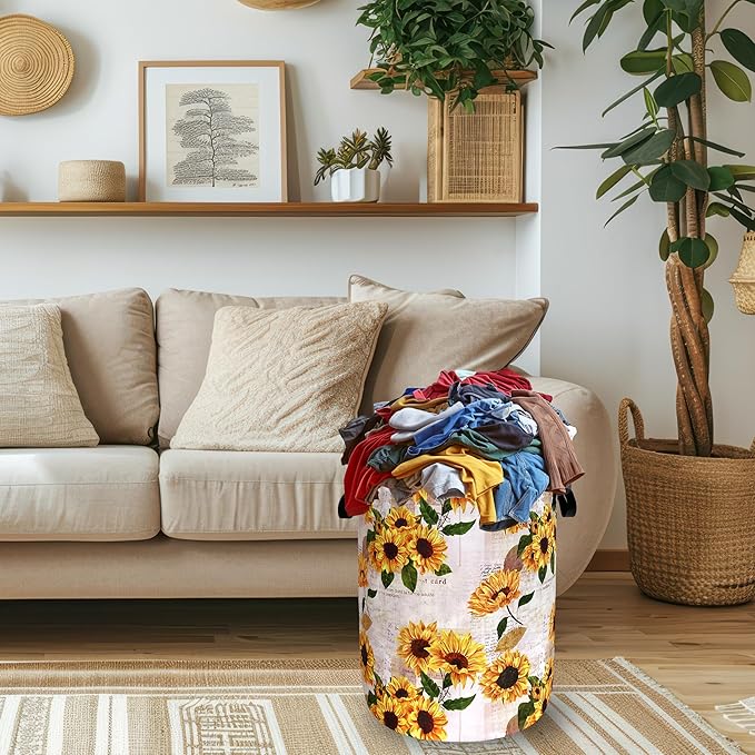 Vintage Sunflowers Laundry Basket Oxford Cloth Foldable Yellow Floral Laundry Hamper With Handle Portable Clothes Storage Organizer Basket 18.9x16.5 Inch Laundry Bag For Laundry Room/Bedroom/Bathroom