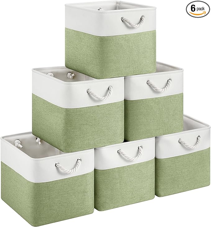 13x15x13 Storage Cube Bins, Heavy Duty Foldable Fabric Storage Bins with Handles and Metal Frame, 6 Pack Large Closet Organizer Bins for Clothes, Socks, Towels, White Green