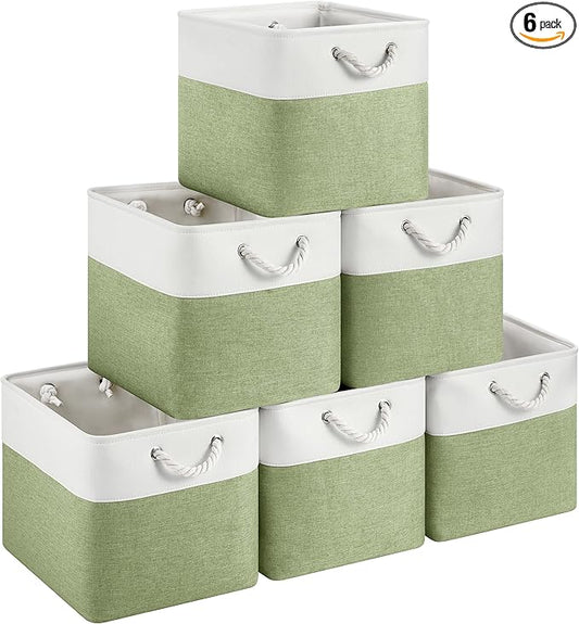 13x15x13 Storage Cube Bins, Heavy Duty Foldable Fabric Storage Bins with Handles and Metal Frame, 6 Pack Large Closet Organizer Bins for Clothes, Socks, Towels, White Green