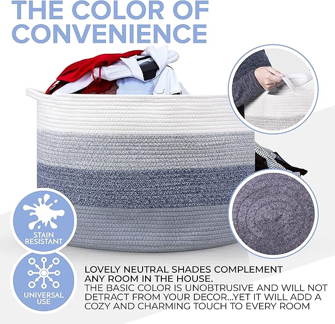Cotton Rope Basket - Large Decorative Woven Storage Blanket Basket Bin with Handles for Organizing Baby Nursery, Dog Toy, Stuffed Animal or Laundry